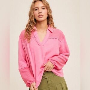 Hem And Thread V-Neck Pink  Sleeves Top Large NWT‎